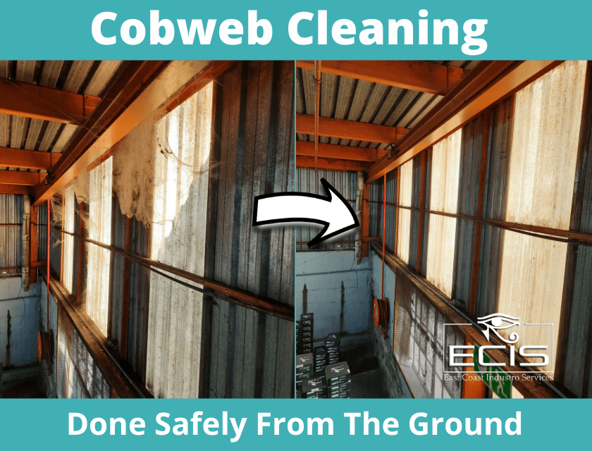 Before & After representation of a Warehouse with cobwebs that had High Level Cleaning done without the cherry pickers & scaffolding